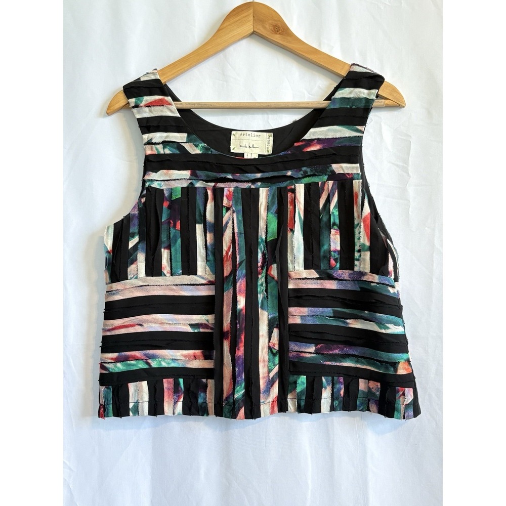Antelier Nicole Miller Black Multicolor Abstract Pleated Scoop Neck Blouse